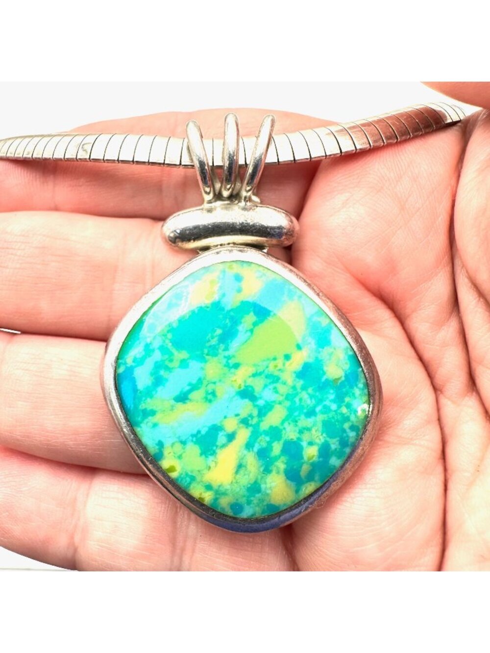 Vintage Womens Necklace Mexico Sterling Silver Gaspheite Pendant 55 Grams